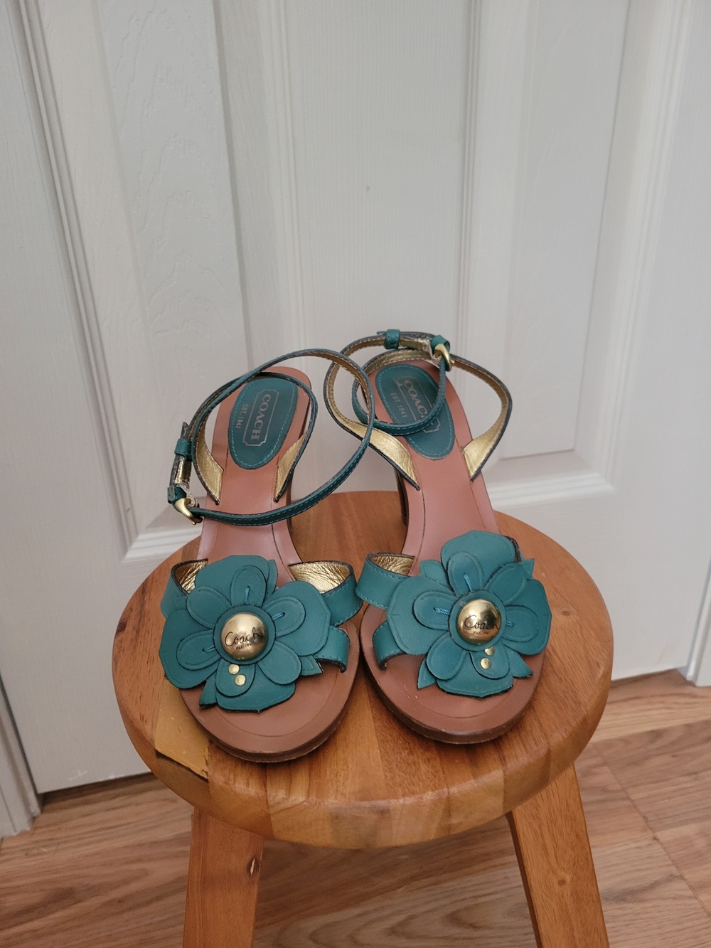 Coach Giuliana Green Leather Flower Ankle Strap Heels Size 7.5B